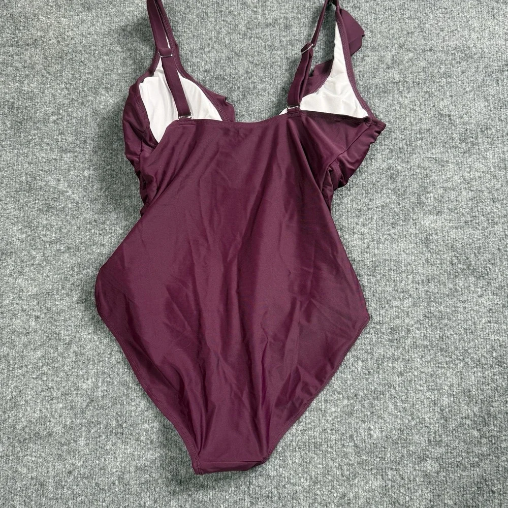 Plum Purple Ruffle One Piece Swimsuit Ruched Tummy‎ Control V-Neck Bathing Suit
